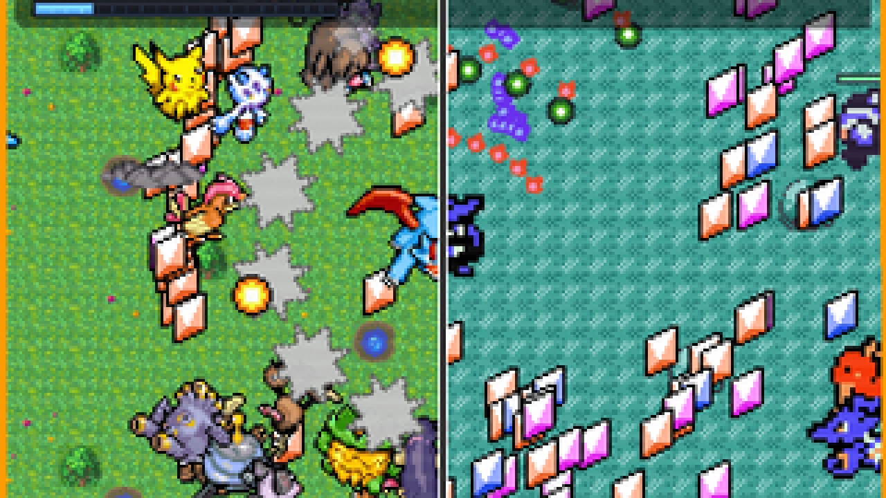 Pokémon Survivor Burst combat screenshot with Pikachu, Froakie, and projectile swarms on a grass field