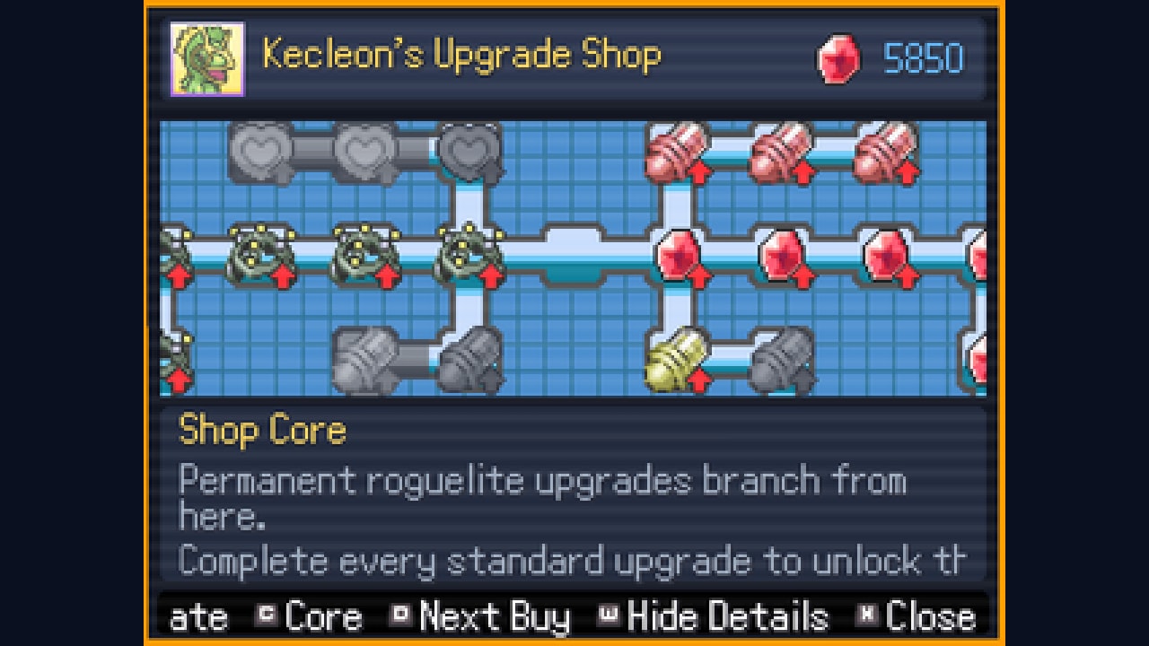 Kecleon Upgrade Shop showing the Shop Core tree of permanent roguelite upgrades